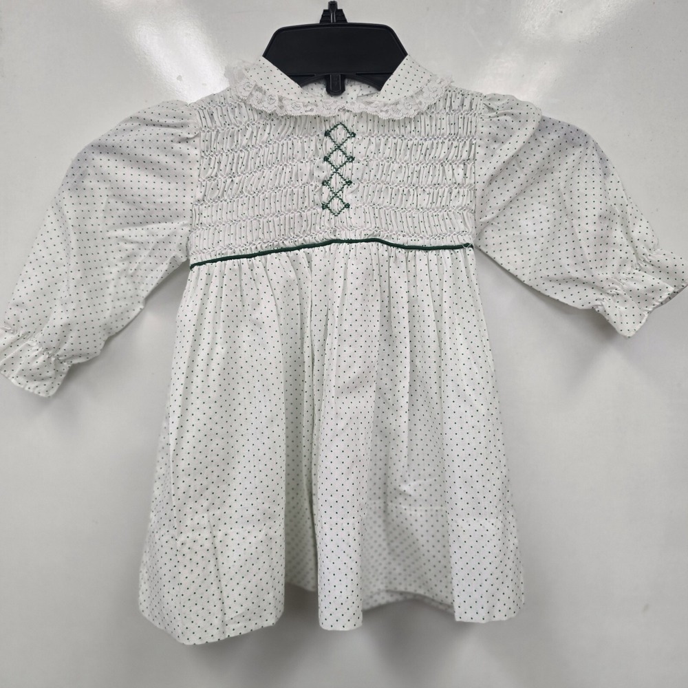 Polly Flinders Vintage Toddler Dress 2T Polka Dot Hand Smocked Dress Green White - Picture 1 of 11